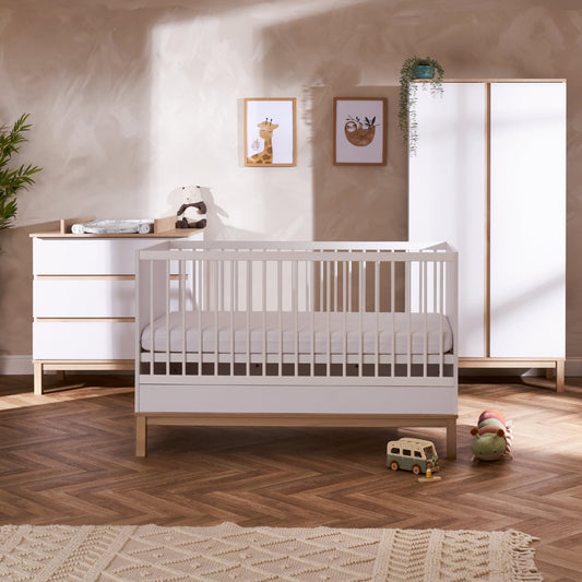 Obaby Astrid 3 piece set in a White finish - Including the Astrid Cot Bed, Changing Unit and  Wardrobe - 21OB3302D3